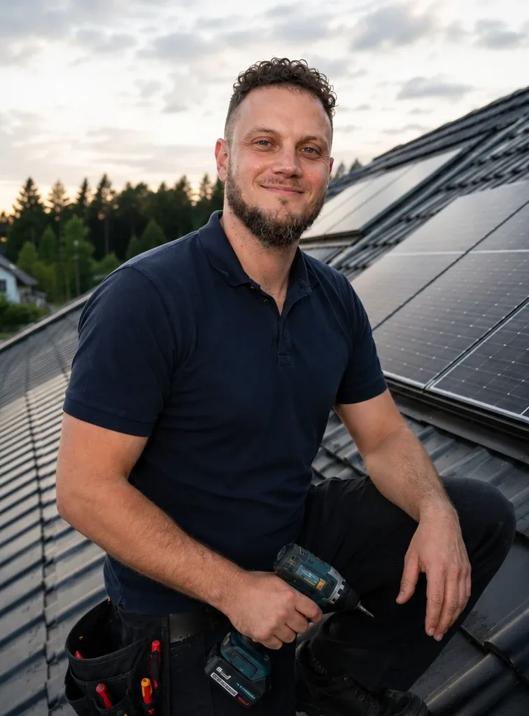 Dominik Wengerter von Elektro W Vision auf einem Dach mit Photovoltaikanlage